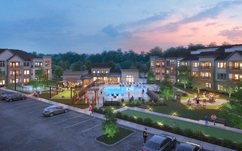 a pool in an apartment complex