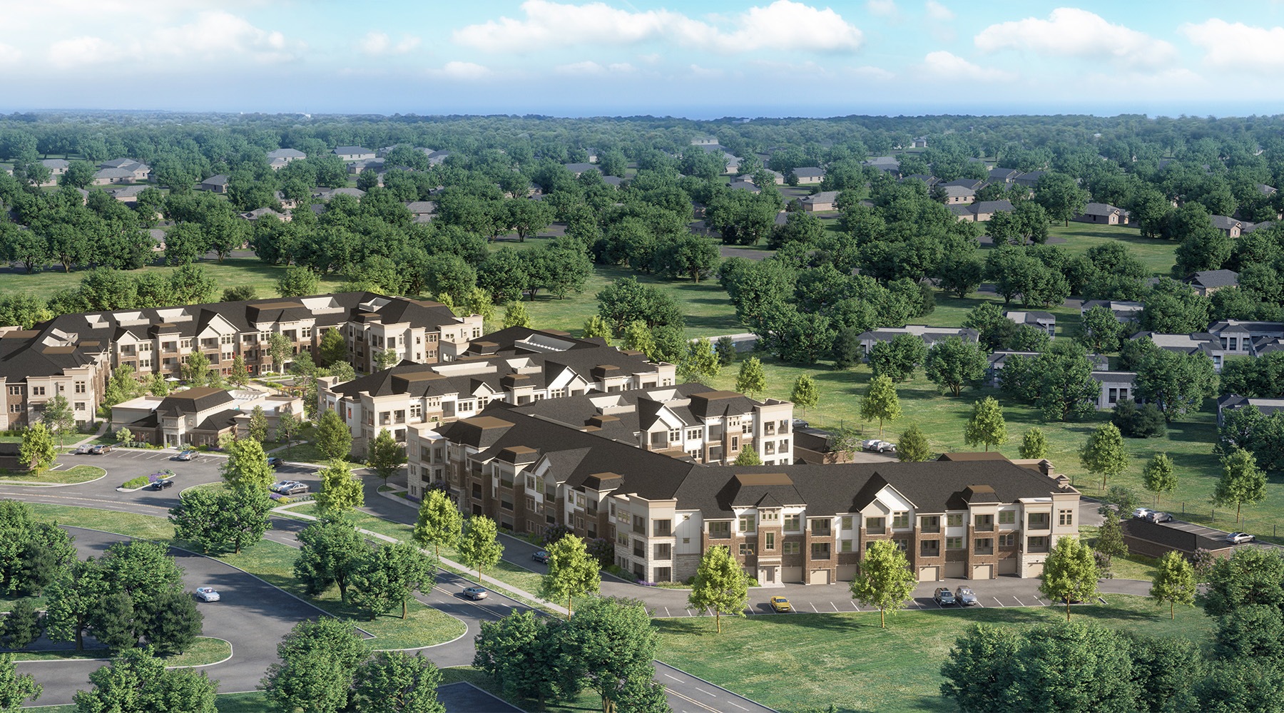an aerial shot of a building with trees surrounding it